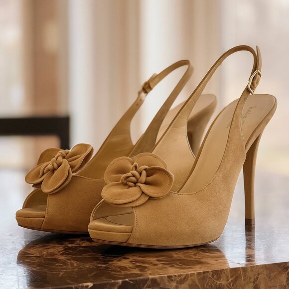 Kate Spade Flower Tan Suede Slingback Peep Toe Designer High Heel Pumps Size 8 - Picture 1 of 6